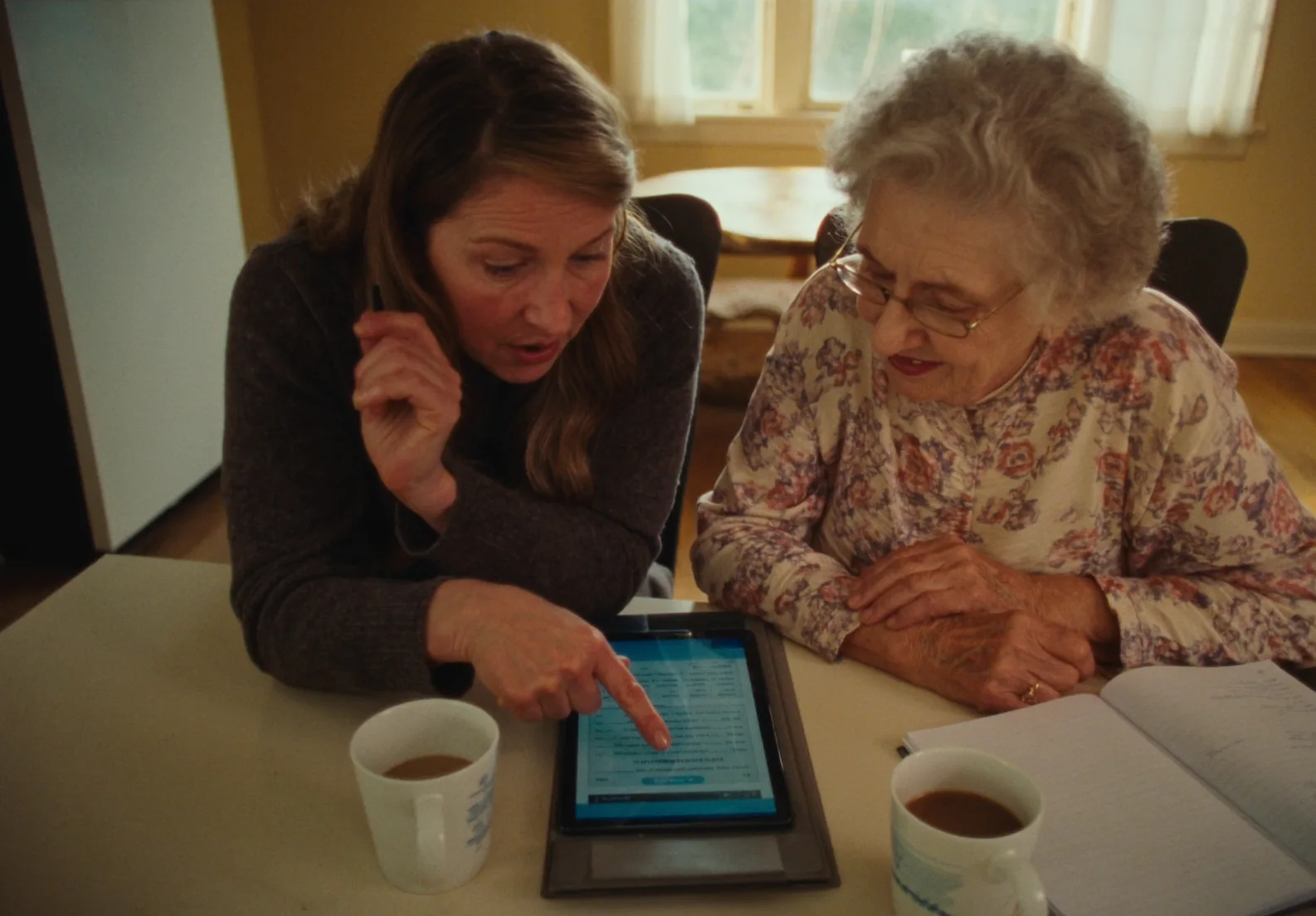 Sarah and her mother looking at the week's calls together